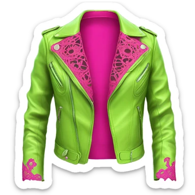 Realistic isolated side view of an open lime green fashion leather jacket with hot pink lace. sticker