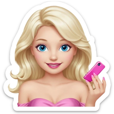 girl with long wavy platinum blonde hair,  blue eyes , long lashes, sexy pink lips, light to medium complexion, wearing a pink sexy top, smiling, finger tips touching sticker