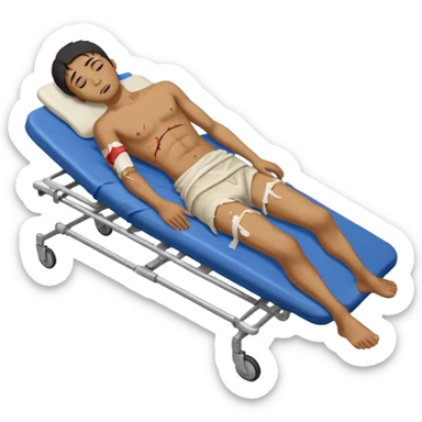 
a man of oriental appearance, dressed in torn clothes, full-length, unconscious, in a prone position, with injuries on a medical stretcher, 1980 sticker