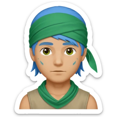 a man with half long blue hair, half short green hair and wearing head bandana sticker