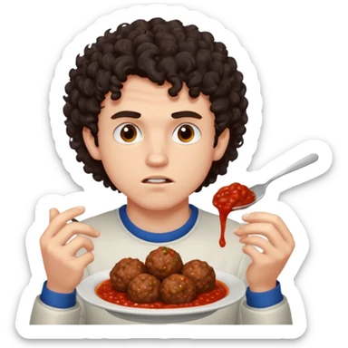 Ragazzo di 20 anni con capelli ricci scuri, leggermente arrabbiato che mangia 2 polpette  sticker