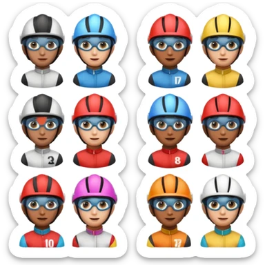 diverse horse race jockey portraits, head and shoulders only, different skin tones, different helmet colors, racing goggles, 3D cartoon, mobile game icon style, clean background, no text, no watermark
 sticker
