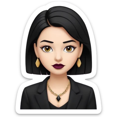 “Emoji girl, sculpted contour, bold dark lipstick, defined brows, sharp eyeliner, sleek black hair updo, statement necklace, black blazer.” sticker