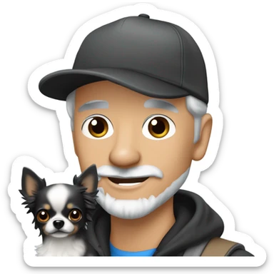 blue eyed gray haired gray goatee man in ball cap holding a black longhaired chihuahua  sticker