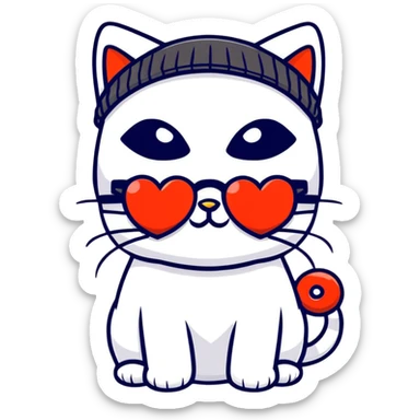 cat wearing a beanie and heart-shaped sunglasses sticker