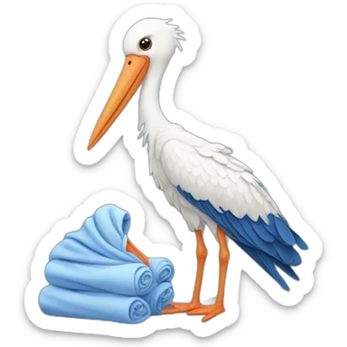 White stork carrying a blue bundle of cloth that has a human person cute baby human in it and the human baby head is peeking from the fabric the strok is carrying in its beak sticker
