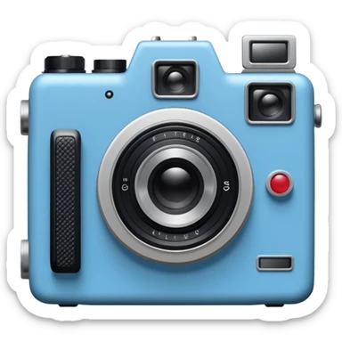 A hand-drawn doodle in a minimalist, cartoon style of a [vintage camera]. The object is white with thick, rough, black marker outlines and two small black dot eyes. It is a simple sketch with no realistic textures, centered on a solid [blue] circular background." sticker