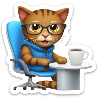 "Create an emoji of a happy brown cat with computer glasses, typing on a blue laptop and taking notes. The cat is sitting on an ergonomic chair with a coffee mug and a potted plant, wearing a winter jacket because the office AC is cold." sticker