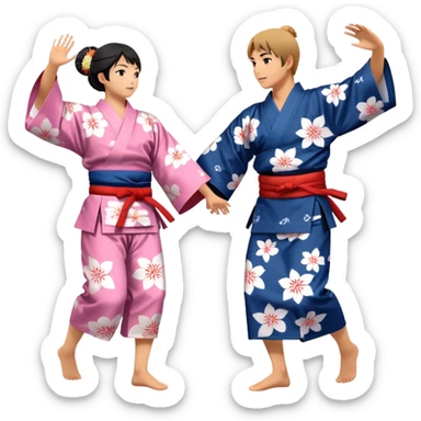 Cinematic Realistic scene of two performers engaging in Bon Odori, dressed in traditional yukata with intricate summer patterns, captured in graceful, rhythmic motion with warm, festive lighting sticker