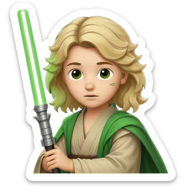 Young jedi with dirty blonde wavy hair holding a green lightsaber sticker