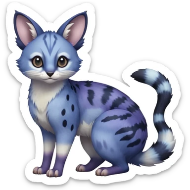  Realistic dull gloomy-dark-deep-grayish-indigo-violet-gradients fur with random markings beautiful elegant pretty precious cute  Fakémon-Pokémon-opossum-feline-serval-caracal-chinchilla-Minccino-Furret-hybrid-creature with a big fluffy bushy tail (full body) sticker