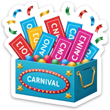 a box with the words "carnival pack" with tickets as a bundle, confetti in it etc  sticker