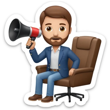 film director emoji with a modern megaphone and director's chair, brown hair and short beard, jeans and a undershirt with blazer top.  sticker