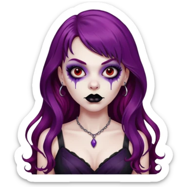vampira gótica zumbi de cabelo longo e vermelho quase roxo e franja e roupa com decote e batom preto sticker