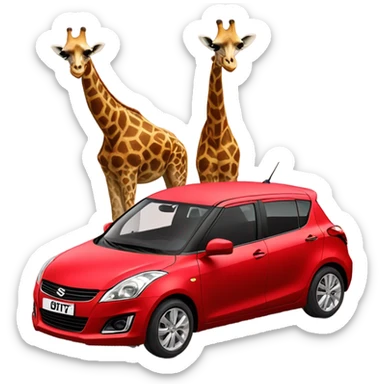 two giraffes driving a red suzuki swift car sticker