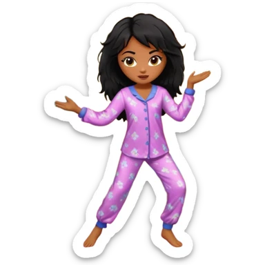 generate a pretty bratz brown skinned girl with messy black hair in pyjamas dancing in room sticker