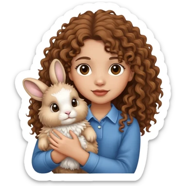 cute light skin curly brown haired girl holding a lionhead rabbit sticker