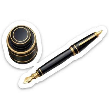 Icon for Autograph Collecting: a signature on a piece of paper with a vintage fountain pen beside it, and a collection of autographed photos or memorabilia in the background. The icon should convey the passion for collecting famous signatures. Transparent background. sticker