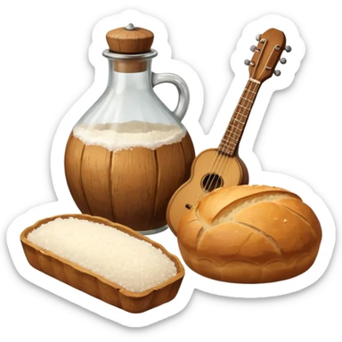 steampunk - a bottle of salt (salt shaker) and a loaf of peasant bread with a small mandolin sticker