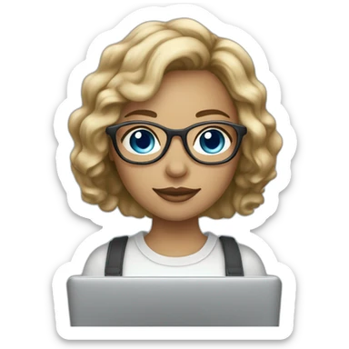dark-blonde girl with bob wavy hair and blue eyes in glasses silver color glasses holding laptop light skin sticker