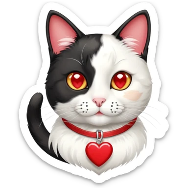tuxedo cat with red leash and heart pendant, white fur only on mouth, small diamond spot above nose sticker