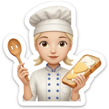 Young female baker - white chef hat, holding cream piping bag to milk oil on bread sticker