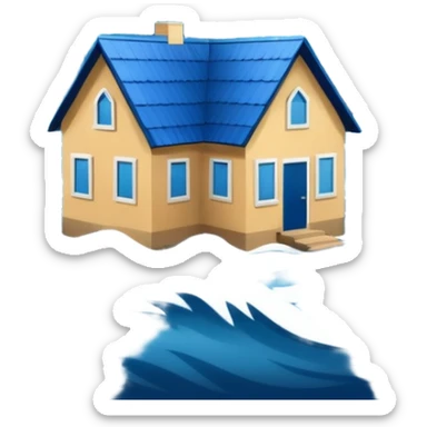 showing a flood disaster scene with powerful blue water waves overflowing around small houses and trees, dark cloudy sky, heavy rain falling, dramatic yet simple design sticker