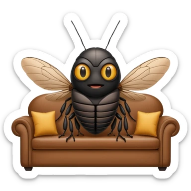 Black Cicada cartoon style watching on a phone sit on a brown sofa  sticker