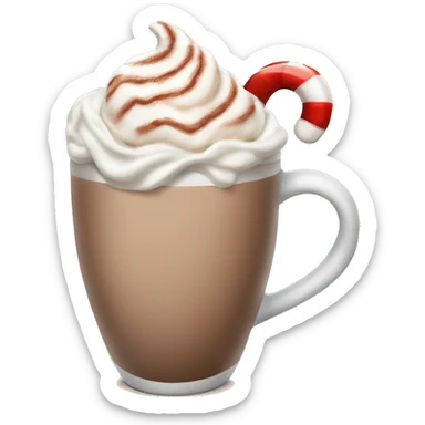 beige hot chocolate with marshmallows and whipped cream and candy cane sticker
