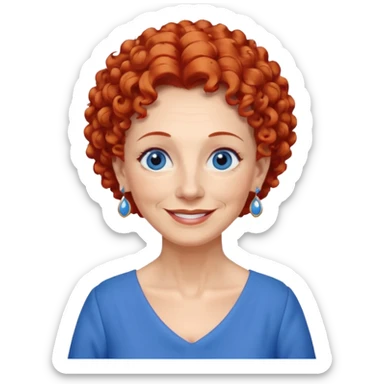 una profesora mayor simpática con el pelo rojo rizado, ojos azules, vestido azul y pendientes azules hablando altura completa sonriendo sticker