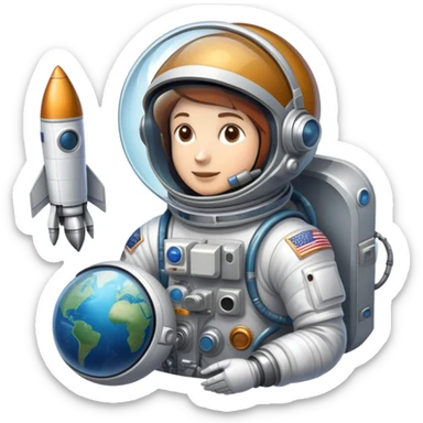 An icon featuring a rocket, a satellite, and an astronaut helmet, symbolizing aerospace technology. The design includes a spaceship, control panels, and orbiting satellites, representing space exploration and aircraft engineering. Transparent background highlights the innovation in aeronautic sticker