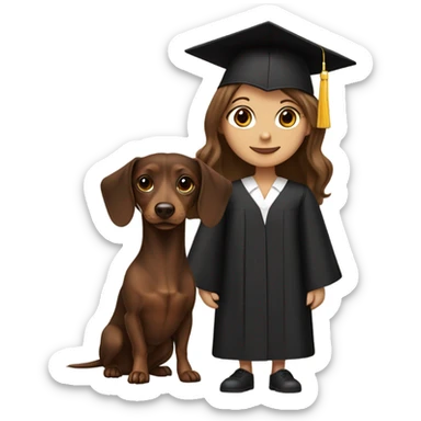Brown haired white girl in graduation cap holding black and brown long haired dachshund  sticker
