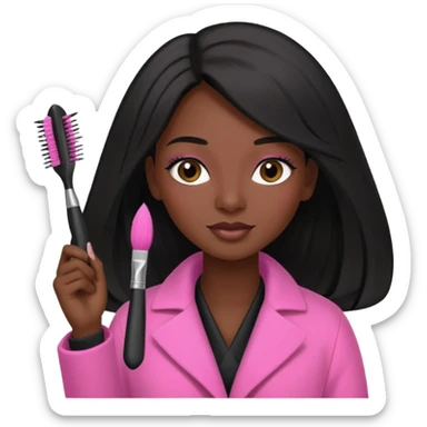 Cosmetologist, dark skin, long black hair, with cosmetology brush, and pink coat sticker