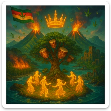 “Depict a mystical reimagining of Guadeloupe, a sacred French Caribbean island renamed Gwadaloo in spiritual rhythm. The landscape blends lush green mountains, twin volcanoes erupting golden light, and deep turquoise sea. In the center stands a legendary Drum Tree — its branches grow carved wooden drums instead of fruit, and glowing ancestral spirits dance around it in a circle of rhythm. Sugarcane fields burn gently in the background, symbolizing the release of colonial pain, while ganja leaves drift in the wind like blessings. Overhead, a sacred ganja-leaf flag flutters in the sky with red, green, and gold colors. A Creole crown floats in golden light above the island, not on any man’s head, but pulsing to the beat of the land. In the distance, ghostly ruins of colonial buildings crumble into dust, reclaimed by vines and time. Use a vibrant, cinematic color palette with warm golden light, deep greens, glowing reds, and ocean blues. Style the scene as prophetic, surreal, and empowering — a vision of Caribbean sovereignty, rhythm, and soul remembrance." sticker