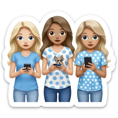 Three women in summer clothes holding iPhone, hazel eyed light skin with dark blonde long hair and light skin hazel eyed long wavy dark hair, blue eyed light skin long blonde hair walking 2 dogs,blue and gray spotted Merle Frenchie, black and tan chihuahua  sticker