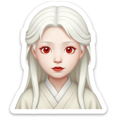 forty year old albino shrine maiden with white hair, red eyes, and pale face sticker