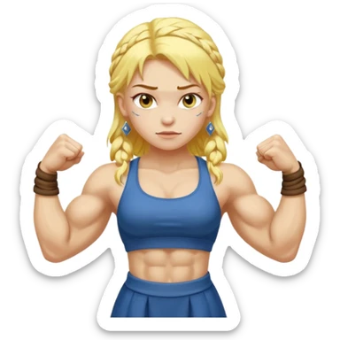 slavic girl, medium size yellow hair, flexing muscles, full body, muscled, with traditional slavic outfit sticker