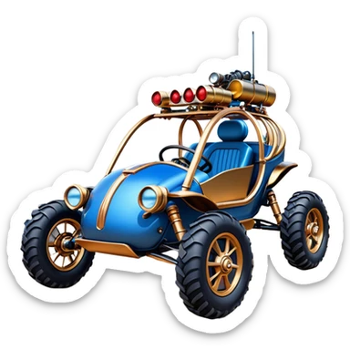  tarnished blue neon underglow C-3PO ghost buster 1964 delicately ornate rosegold wood accents Model-T off road buggy bucket barrel powered by electric motors and batteries with racing safety belts while flying rapidly roughening terrain stable on strong agile advanced suspension and steering sticker