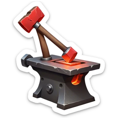 Blacksmithing icon, piece of metal being hammered on an anvil, blacksmith's hammer, sparks flying, glowing red metal, forge in the background, minimalistic style, clean lines, transparent background. sticker
