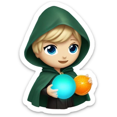 Taylor swift with blue eyes in dark green cloak holding an orange glowing orb sticker