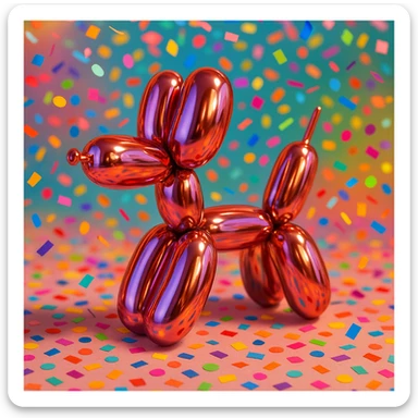 shiny balloon dog, metallic finish, festive, confetti background sticker