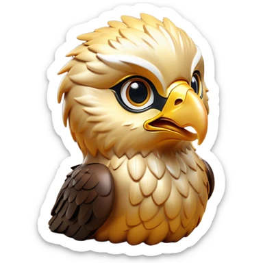 Cinematic Cute Golden Eagle Portrait Emoji, Head tilted playfully and inquisitively, featuring a compact, streamlined form with subtly ruffled, golden plumage and round, sparkling eyes full of spirited charm, Simplified yet irresistibly adorable features, highly detailed, glowing with a warm, inviting glow, high shine, affectionate and lively, stylized with a touch of whimsical aerial grace, soft glowing outline, capturing the essence of a mischievous yet endearing golden eagle that seems as if it could glide out of the screen into your heart! sticker