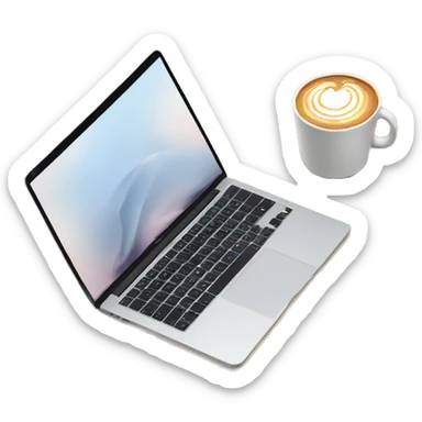 MacBook, latte in a cup, and a notebook sticker
