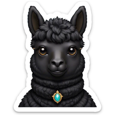 Cinematic Noble Black Alpaca Portrait Emoji, Poised and regal, with a striking, sturdy build and a sleek, well-groomed jet-black fleece, deep-set soulful dark eyes, Simplified yet sharp and sophisticated features, highly detailed, glowing with a soft, dignified glow, high shine, intelligent and mysterious, stylized with an air of elegant austerity, focused and attentive, soft glowing outline, capturing the essence of a watchful and confident companion, so majestic it feels as though it could stride out of the screen with effortless authority! sticker