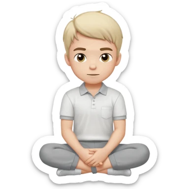 Cartoon boy sitting cross-legged, his fist pressed to his cheek, wearing a white polo and gray pants. He has a smug smirk, eyes looking forward. Clean lines, flat colors, solid black background, vector art, character sheet style. sticker
