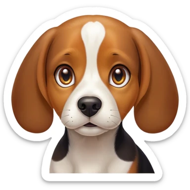 Cinematic Cute Tri-Color Beagle Portrait Emoji, Head tilted playfully and inquisitively, featuring a soft tri-color coat of white, brown, and black with floppy ears, round, sparkling hazel eyes filled with curiosity, Simplified yet irresistibly adorable features, highly detailed, glowing with a warm, friendly glow, high shine, affectionate and lively, stylized with a touch of whimsy, bright and endearing, soft glowing outline, capturing the essence of a mischievous yet loving pup, so playful it feels like it could bound out of the screen and into your arms! sticker