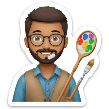generate an ios genmoji of a 20 year old tan indian boy with rounded spectacles and a whaler beard, carrying a paintbrush and palette sticker