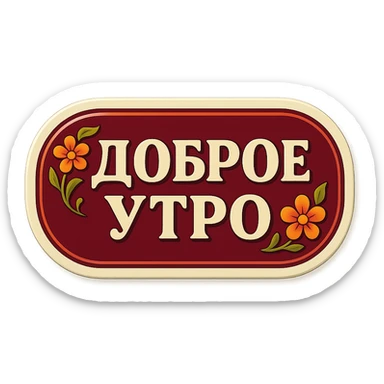 elongated horizontal plaque with the text 'Доброе утро', retro sticker style, burgundy background, beige letters, concise eastern floral ornament in the corners, soft shadows, transparent background sticker