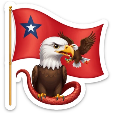a flag with a red background with five start and an eagle eating a snake sticker