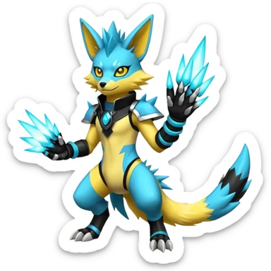 Shiny badass cool edgy spikey fluffy realistic cyan yellow white electric complex futuristic Zeraora-Renamon-Electrike-Umbreon-Manectric-Weregarurumon-fusion-creature (full body) wearing black gauntlets sticker